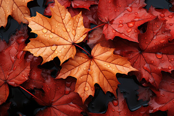 Wall Mural - Red Autumn Maple Leaves Lying on the Forest Ground. Autumn Maple red yellow leaves background