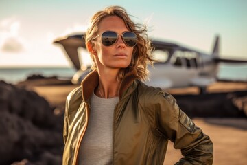 Canvas Print - Photography in the style of pensive portraiture of a content girl in her 40s wearing a trendy bomber jacket at the galapagos islands ecuador. With generative AI technology