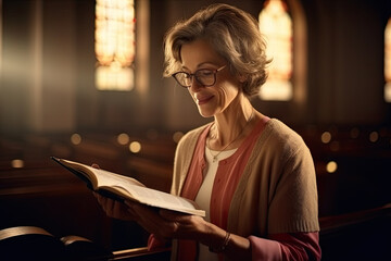 Middle age woman holds bible in her hands. Woman reading the Holy Bible in church. Religion, faith, spirituality peace, hope, traditional family values concept