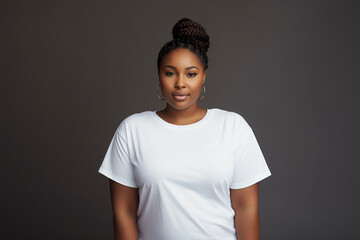 Wall Mural - design mockup: beautiful plus sized black woman with modern braids wearing white blank t-shirt on a neutral background