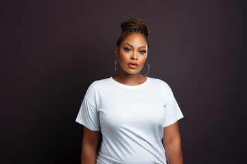 Wall Mural - design mockup: beautiful plus sized black woman with modern braids wearing white blank t-shirt on a neutral background