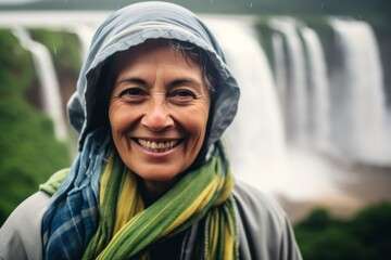 Poster - Close-up portrait photography of a tender mature woman wearing a versatile buff at the iguazu falls argentina-brazil border. With generative AI technology