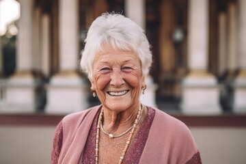 Poster - Lifestyle portrait photography of a grinning old woman wearing an elegant halter top at the buckingham palace in london england. With generative AI technology