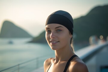 Poster - Medium shot portrait photography of a tender girl in her 20s wearing a sleek swim cap at the christ the redeemer in rio de janeiro brazil. With generative AI technology