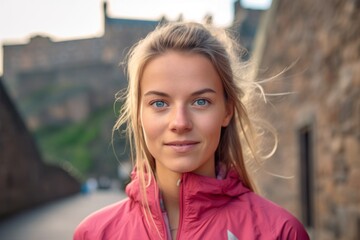 Wall Mural - Close-up portrait photography of a merry girl in her 30s wearing a technical climbing shirt at the edinburgh castle scotland. With generative AI technology