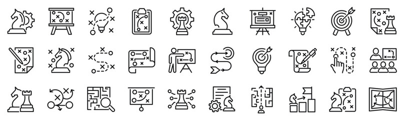 Set of 30 outline icons related to strategy, plan, tactic. Linear icon collection. Editable stroke. Vector illustration