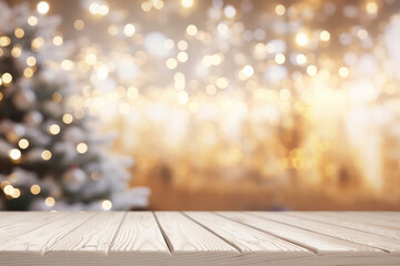  A white wooden empty table with a Christmas tree on the side and a blurry Christmas background with lights