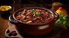Aromatic Chili Simmering In A Slow Cooker, With Beans And Spices Blending Together Into A Mouthwatering Meal. 