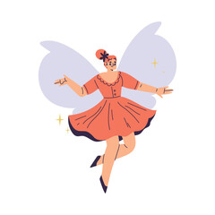 Poster - Beautiful Woman Fairy with Wings in Red Dress Fluttering Around Vector Illustration