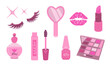 Set of cosmetics in pink shades. Collection with perfumes, mascara, lipstick, polish, mirror, eyelashes and shadows. Flat vector illustration.