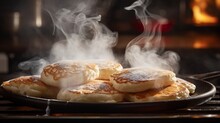 Fluffy Buttermilk Pancakes Cooking On A Seasoned Griddle, Surrounded By A Cloud Of Steam. 