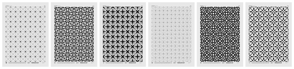 Leinwandbilder - Abstract vector Minimalistic Posters with geometric pattern, Black and White rhythmic repeating texture, creative modern artwork with typically repeated element various shapes, set 5