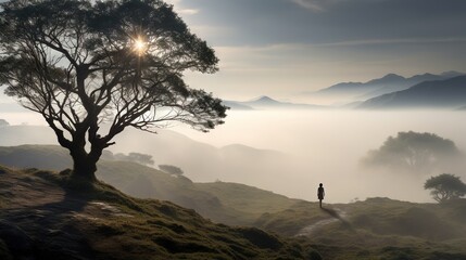 Poster -  a lone person standing on a hill with a tree in the foreground.  generative ai