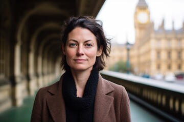 Poster - Photography in the style of pensive portraiture of a happy girl in her 40s wearing a breathable golf polo at the palace of westminster in london england. With generative AI technology