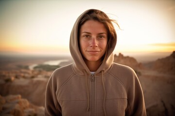 Canvas Print - Medium shot portrait photography of a glad girl in her 40s wearing a zip-up fleece hoodie at the masada in southern district israel. With generative AI technology