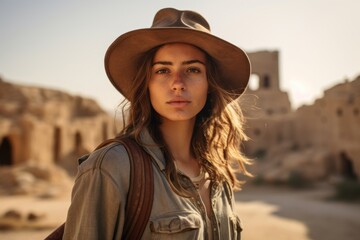 Wall Mural - Environmental portrait photography of a satisfied girl in her 30s wearing a rugged cowboy hat at the crac des chevaliers in homs governorate syria. With generative AI technology