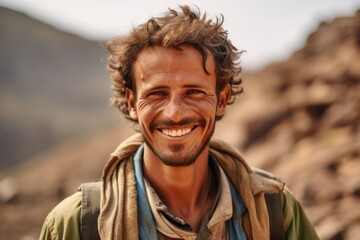 Poster - Close-up portrait photography of a happy boy in his 30s wearing a rugged jean vest at the socotra island in yemen. With generative AI technology