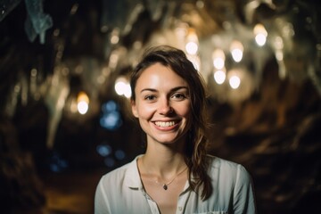 Canvas Print - Headshot portrait photography of a grinning girl in his 30s wearing a delicate silk blouse at the waitomo glowworm caves in waikato new zealand. With generative AI technology