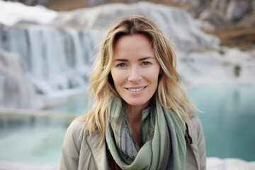 Canvas Print - Headshot portrait photography of a blissful girl in her 40s wearing a comfy flannel shirt at the pamukkale in denizli turkey. With generative AI technology