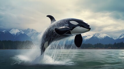 Sticker -  an orca jumping out of the water with mountains in the background.  generative ai