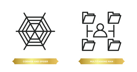 Poster - two editable outline icons from web concept. thin line icons such as cobweb and spider, multitasking