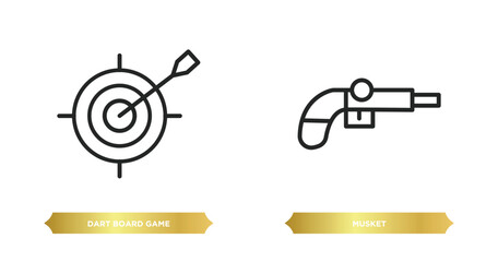 Poster - two editable outline icons from weapons concept. thin line icons such as dart board game, musket vec