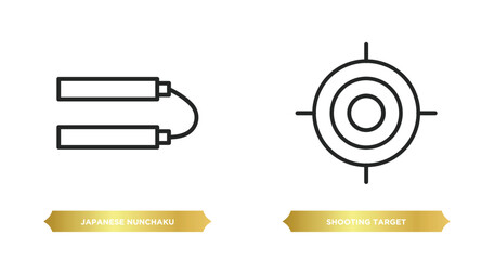 Poster - two editable outline icons from weapons concept. thin line icons such as japanese nunchaku, shooting