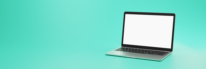 Wall Mural - Widescreen picture of a modern notebook with transparent screen for compositing in front of mint green background