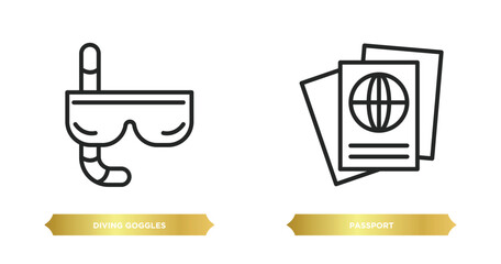 Poster - two editable outline icons from travel concept. thin line icons such as diving goggles, passport vector.