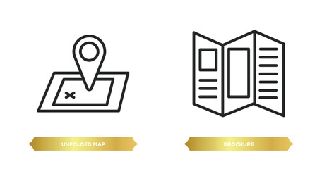 Poster - two editable outline icons from travel concept. thin line icons such as unfolded map, brochure vecto