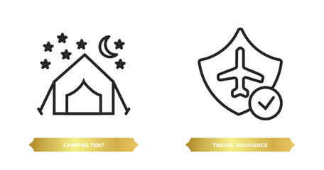 Sticker - two editable outline icons from travel concept. thin line icons such as camping tent, travel insurance vector.