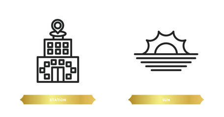 Poster - two editable outline icons from travel concept. thin line icons such as station, sun vector.