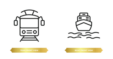 Poster - two editable outline icons from transportation concept. thin line icons such as tram front view, boa