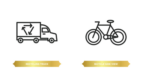 Poster - two editable outline icons from transport concept. thin line icons such as recycling truck, bicycle side view vector.