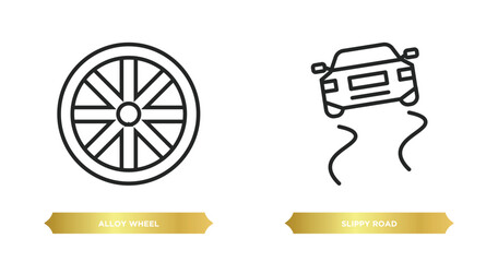 Poster - two editable outline icons from transport concept. thin line icons such as alloy wheel, slippy road 