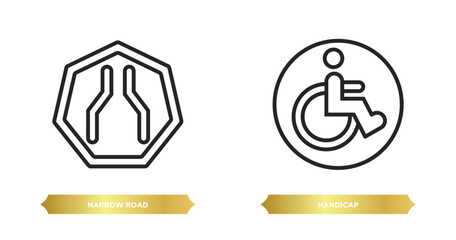 Poster - two editable outline icons from traffic signs concept. thin line icons such as narrow road, handicap
