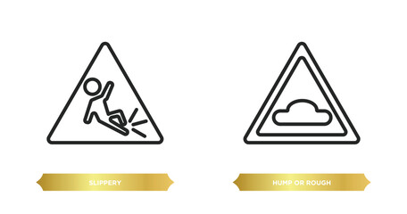 Poster - two editable outline icons from traffic signs concept. thin line icons such as slippery, hump or rou