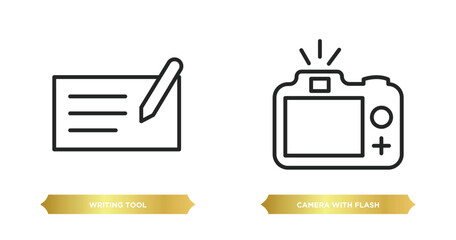 Poster - two editable outline icons from tools and utensils concept. thin line icons such as writing tool, camera with flash vector.