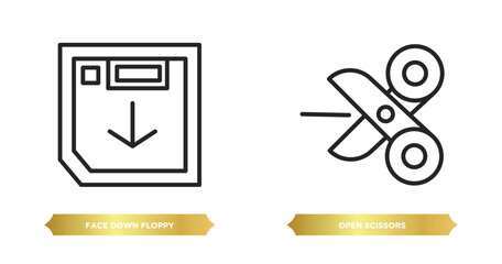Poster - two editable outline icons from tools and utensils concept. thin line icons such as face down floppy disk, open scissors vector.