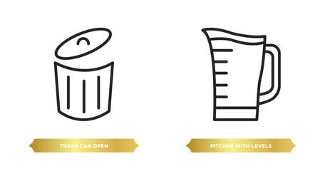 Poster - two editable outline icons from tools and utensils concept. thin line icons such as trash can open, pitcher with levels vector.