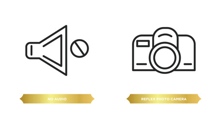 Poster - two editable outline icons from technology concept. thin line icons such as no audio, reflex photo camera vector.