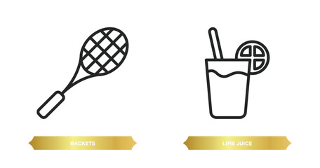 Poster - two editable outline icons from summer concept. thin line icons such as rackets, lime juice vector.