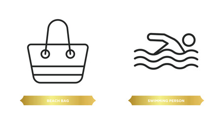 Poster - two editable outline icons from summer concept. thin line icons such as beach bag, swimming person vector.