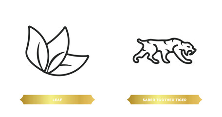 Poster - two editable outline icons from stone age concept. thin line icons such as leaf, saber toothed tiger vector.