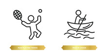 Two Editable Outline Icons From Sports Concept. Thin Line Icons Such As Man Playing Tennis, Man In Canoe Vector.