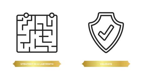 Poster - two editable outline icons from startup stategy and concept. thin line icons such as strategy in a labyrinth, validate vector.