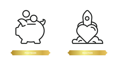 Poster - two editable outline icons from startup stategy and concept. thin line icons such as piggybank, reaction vector.