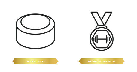Poster - two editable outline icons from sports concept. thin line icons such as hockey puck, weight lifting medal vector.