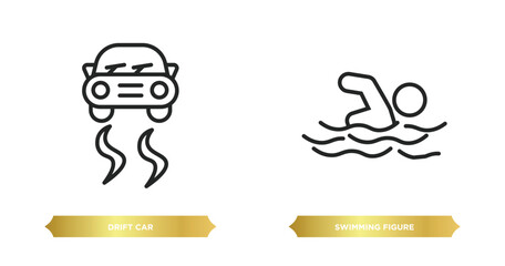 Wall Mural - two editable outline icons from sports concept. thin line icons such as drift car, swimming figure vector.