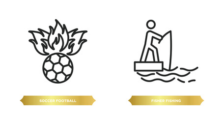 Poster - two editable outline icons from sports concept. thin line icons such as soccer football ball, fisher